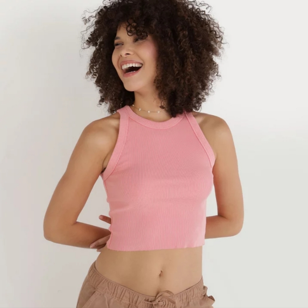 Aerie Textured Free Spirit Ribbed Cropped Tank Top Spicy Coral Pink Size XXL